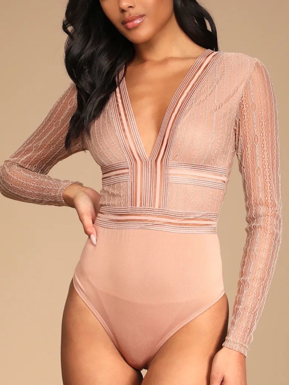 Lulus - Casita Beige Sheer Lace Long Sleeve Open Back Bodysuit Size Medium